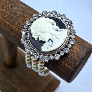 Faux Pearl Cameo Bracelet Rhinestone Silver Tone Stretch Formal Statement